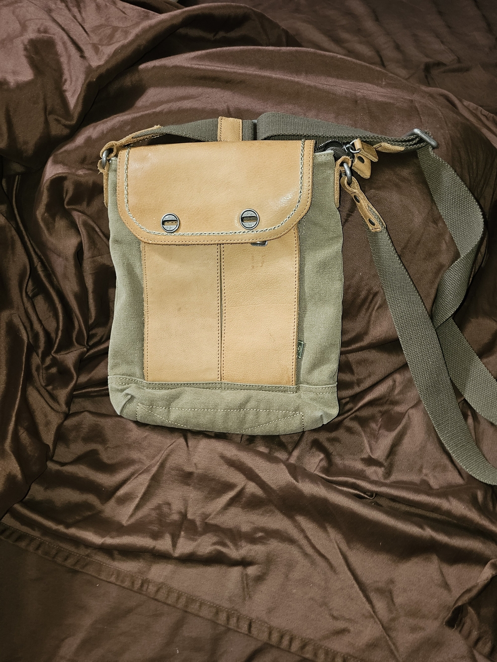 Canvas and Leather Crossbody Bag in Olive and Tan